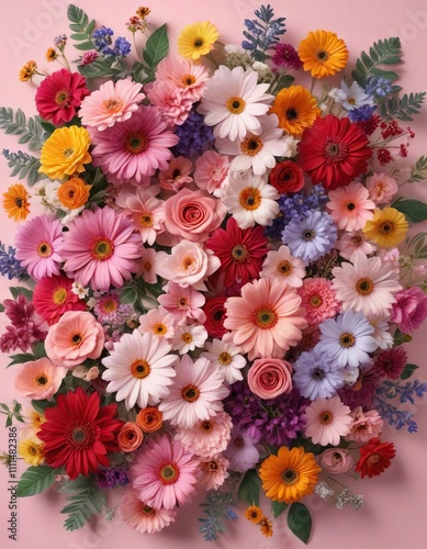 An assortment of bright and bold flowers arranged artfully on a pale pink surface , pink background , pale pink, flower decorations