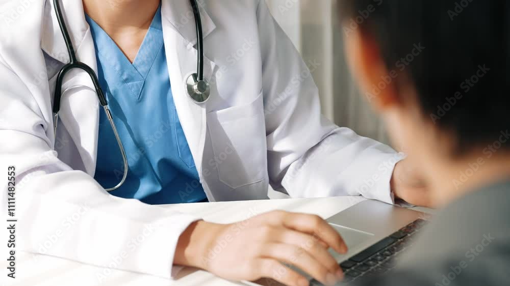 Doctor show laptop, display medical report or diagnostic result of patient health and curing way on doctor's appointment in hospital. Medical consultation and healthcare treatment. Slow motion. Rigid.