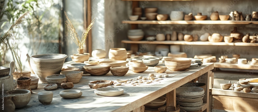 A pottery studio with handmade ceramic bowls and dishes, natural light shines through a window onto a wooden work table with clay drying. A pottery studio with handmade ceramic bowls and dishes, natural light shines through a window onto a wooden work table with clay drying.