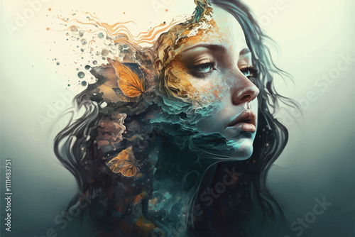 Double exposure portrait of woman blended with nature, dreamy woman overthinking illustration