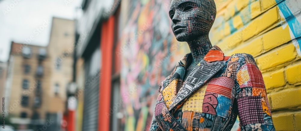 Mannequin wearing a colorful patterned coat against a yellow brick wall. Mannequin wearing a colorful patterned coat against a yellow brick wall.