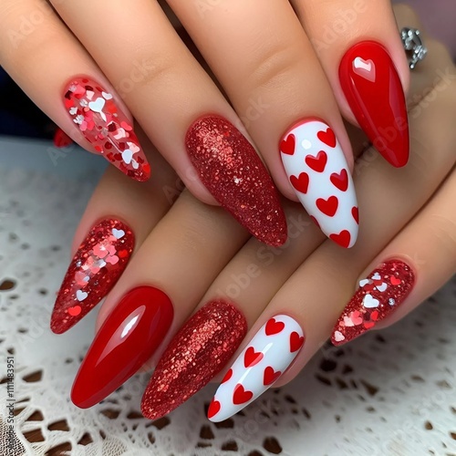 Red and white nails with glitter and hearts