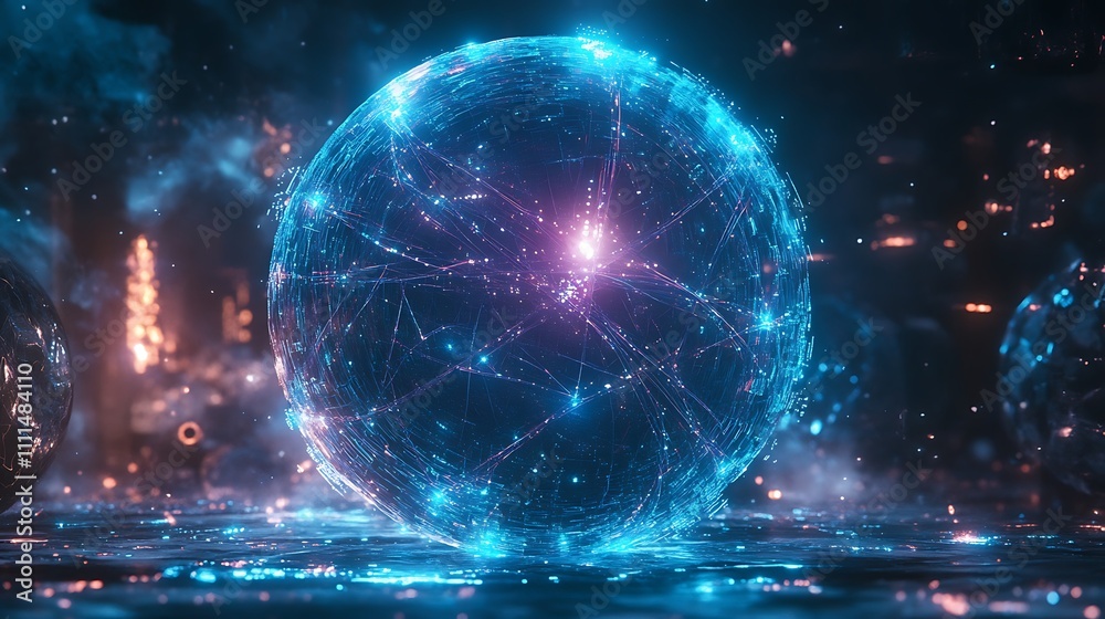 A futuristic depiction of a blue digital sphere with vibrant crisscrossing lines, glowing paths representing a hyperconnected network, neon blue and purple highlights, cinematic quality, A futuristic depiction of a blue digital sphere with vibrant crisscrossing lines, glowing paths representing a hyperconnected network, neon blue and purple highlights, cinematic quality,