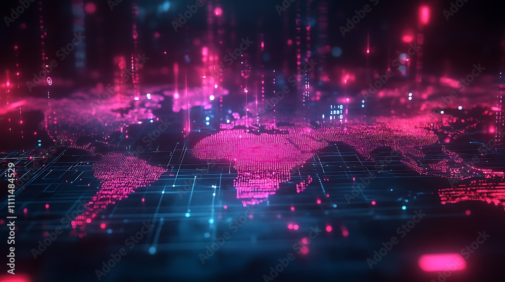 A futuristic depiction of a digital map with flowing waves of data signals, glowing light streams representing global connectivity, deep blue and pink hues, cinematic quality, photorealistic render, A futuristic depiction of a digital map with flowing waves of data signals, glowing light streams representing global connectivity, deep blue and pink hues, cinematic quality, photorealistic render,