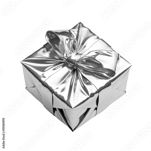 A 3D Gift box wrapped in Metallic Silver glossy wrapping paper