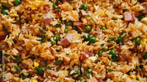 Colorful Fried Rice with Vegetables and Ham Garnished with Green Herbs