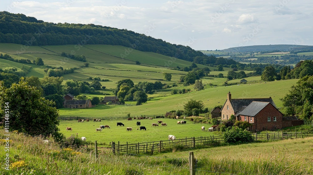 A serene countryside landscape featuring rolling hills, a quaint farmhouse, and grazing cows under a partly cloudy sky. A serene countryside landscape featuring rolling hills, a quaint farmhouse, and grazing cows under a partly cloudy sky.