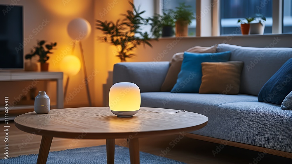 Smart home setup with IoT device glow, showcasing automation, selective focus on smart tech, whimsical Fusion in a modern living room Smart home setup with IoT device glow, showcasing automation, selective focus on smart tech, whimsical Fusion in a modern living room