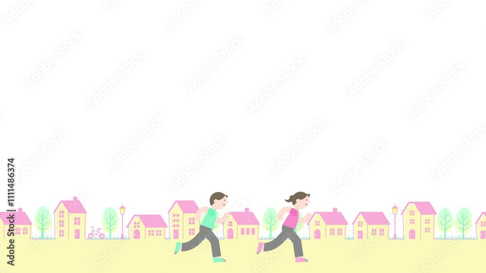 Jogging couple animation on cityscape background (12 seconds loop) Jogging couple animation on cityscape background (12 seconds loop)