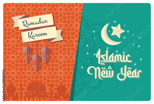 Colorful Islamic New Year and Ramadan Kareem greeting cards.