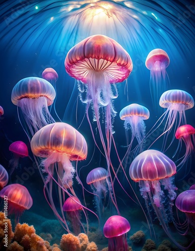 Jellyfish in aquarium, underwater scene and deep ocean.