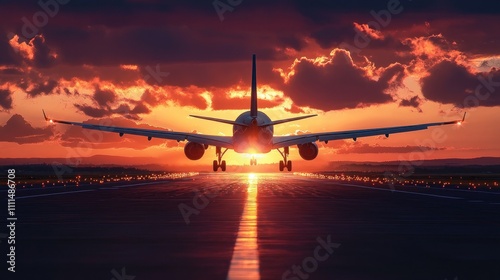 Dramatic Sunset Over Airport Runway with Jetliner Approaching Landing Gear Down photo