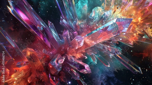 Abstract colorful crystals exploding in deep space with bright nebulae, creating a mesmerizing cosmic scene