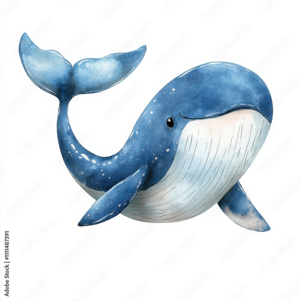 charming watercolor illustration of blue whale, perfect for kids