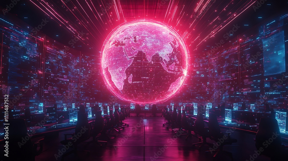 A futuristic virtual conference setup, floating digital meeting rooms with diverse participants, connected by luminous lines across a 3D globe, vivid neon colors, intricate detailing, A futuristic virtual conference setup, floating digital meeting rooms with diverse participants, connected by luminous lines across a 3D globe, vivid neon colors, intricate detailing,