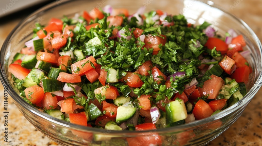 Fresh Vegetable Salad with Chopped Tomatoes, Cucumbers, and Herbs Fresh Vegetable Salad with Chopped Tomatoes, Cucumbers, and Herbs