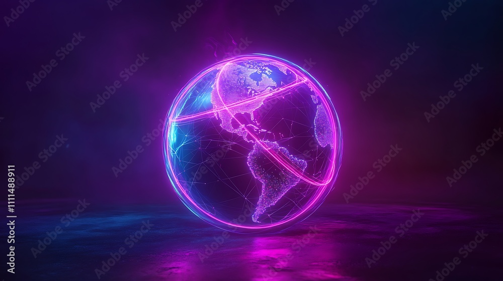 A glowing 3D globe with vibrant interconnected lines wrapping around it, representing a global communication grid, neon blue and purple tones, deep shadows, sleek modern aesthetic, A glowing 3D globe with vibrant interconnected lines wrapping around it, representing a global communication grid, neon blue and purple tones, deep shadows, sleek modern aesthetic,