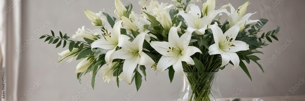 Fototapeta premium A beautiful bouquet of white lilies and eucalyptus in a glass vase , decor, beauty