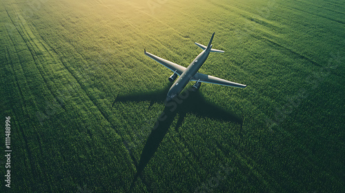 Shadow airplane flying above green field. Sustainable transportation and eco-friendly flight with biofuel use photo