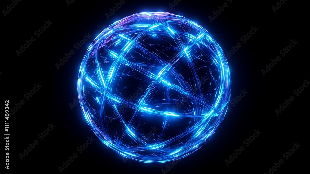 A glowing blue sphere wrapped in intersecting neon lines, creating a web of connectivity, intense light effects, dark and sleek background, photorealistic quality, high-definition details, A glowing blue sphere wrapped in intersecting neon lines, creating a web of connectivity, intense light effects, dark and sleek background, photorealistic quality, high-definition details,
