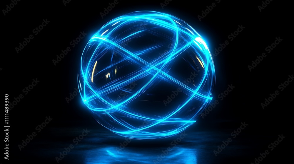 A glowing blue sphere wrapped in intersecting neon lines, creating a web of connectivity, intense light effects, dark and sleek background, photorealistic quality, high-definition details, A glowing blue sphere wrapped in intersecting neon lines, creating a web of connectivity, intense light effects, dark and sleek background, photorealistic quality, high-definition details,