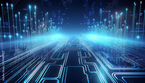 A computer chip array with data flowing in the form of glowing lines on electric blue.