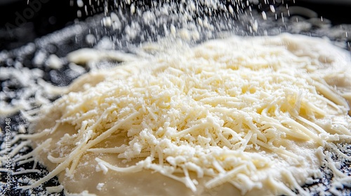 Grated Cheese Sprinkled on Dough for Delicious Culinary Creation photo