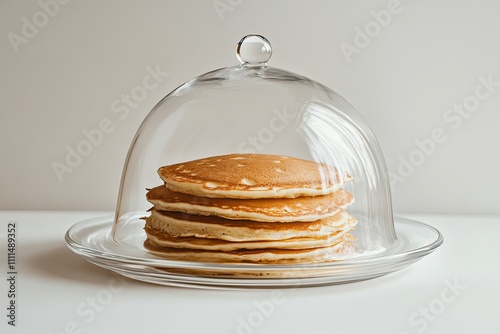 Glass dome cloche covering a stack of pancakes on a plain white background. photo