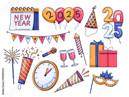 Illustration a variety of festive elements New Year 2025 celebration. includes balloons, a calendar, flag decoration, party hat, fireworks, sparklers, trumpet, drink, a clock, etc