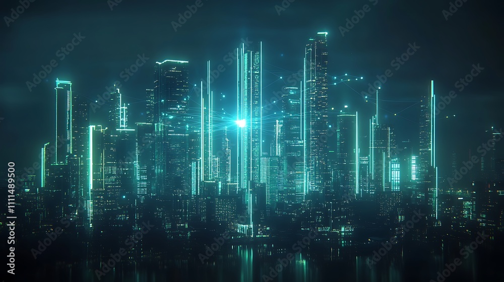 A glowing cityscape of a smart city, illuminated digital connections extending across the skyline, bright neon blue and green beams, high-tech skyscrapers, photorealistic render, A glowing cityscape of a smart city, illuminated digital connections extending across the skyline, bright neon blue and green beams, high-tech skyscrapers, photorealistic render,