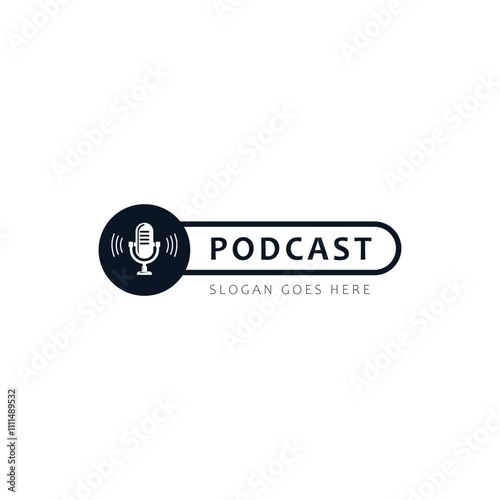 Podcast logo landscape flat style black isolated on white background. Your brand podcast. Microphone logo.