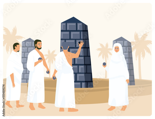 Pilgrims throw stones at the pillars of Satan or the walls of the jamarat.