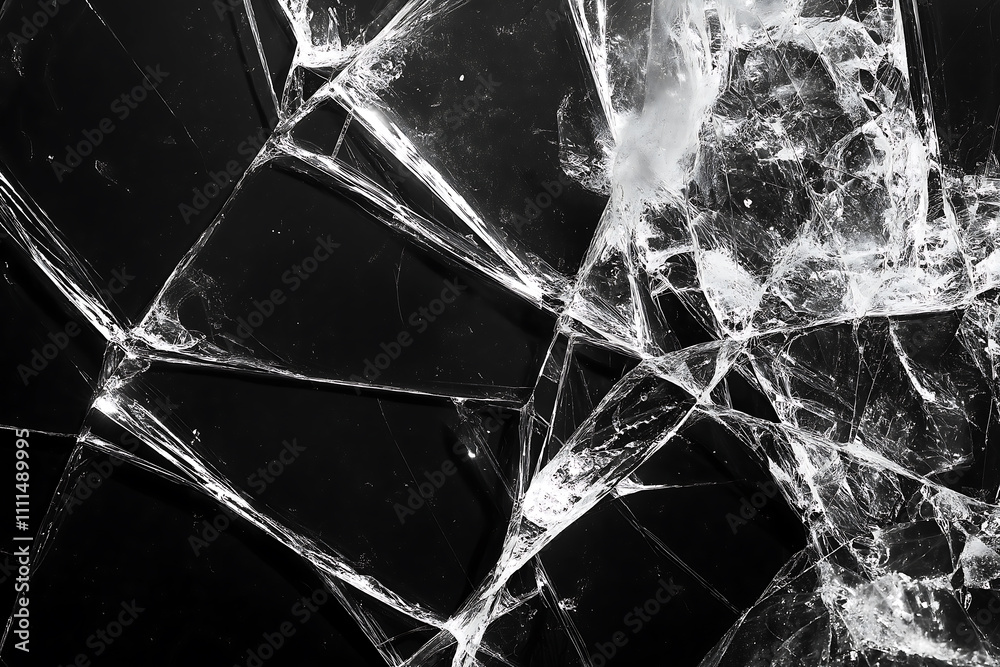 Shattered Glass Pane with Cracks - Jagged Edges on Black Background Shattered Glass Pane with Cracks - Jagged Edges on Black Background