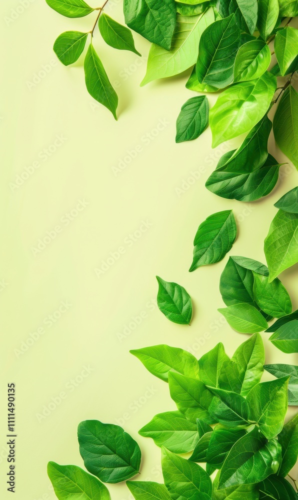Obraz premium a light green background with a variety of green leaves scattered across it, mostly along the right side and bottom. The leaves are of different shapes and sizes, creating a natural and fresh look