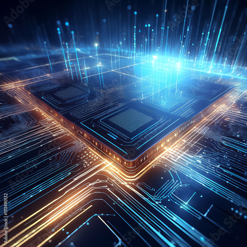 A computer chip array with data flowing in the form of glowing lines on electric blue.