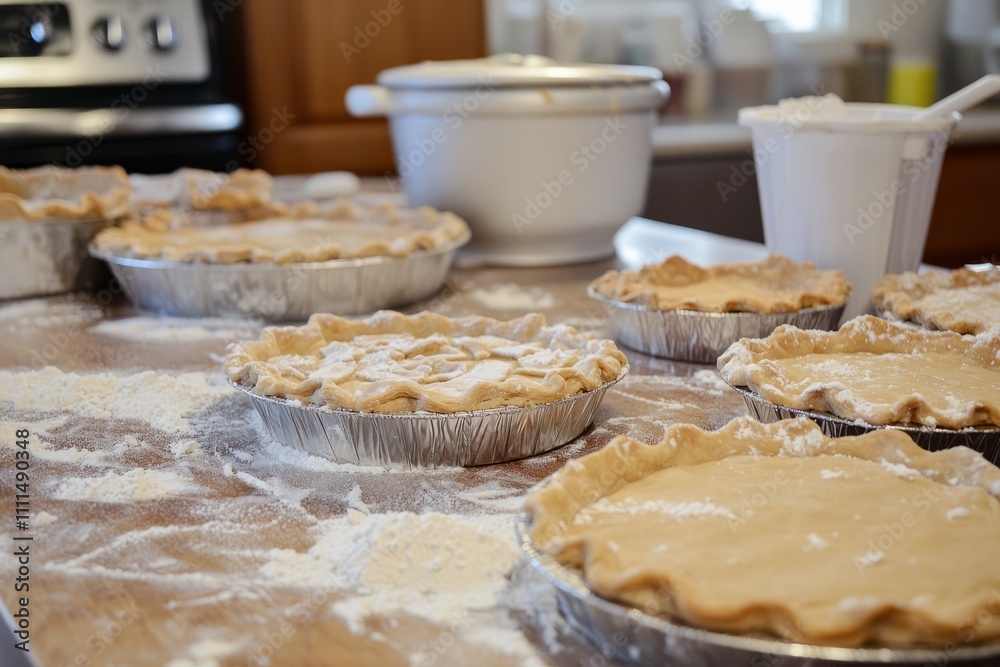 An apron-clad baker prepares the ingredients for a holiday cake. The kitchen counters are filled with measuring An apron-clad baker prepares the ingredients for a holiday cake. The kitchen counters are filled with measuring
