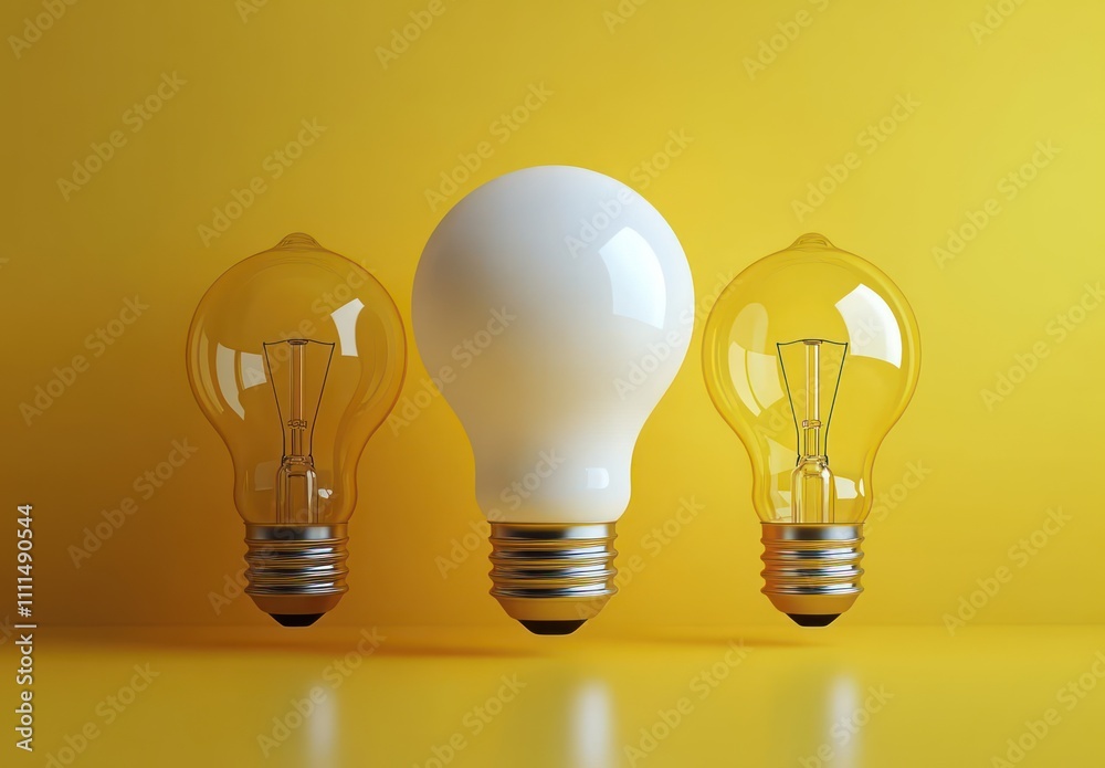 Yellow Bulbs and Glowing White Bulb on Bright Yellow Background