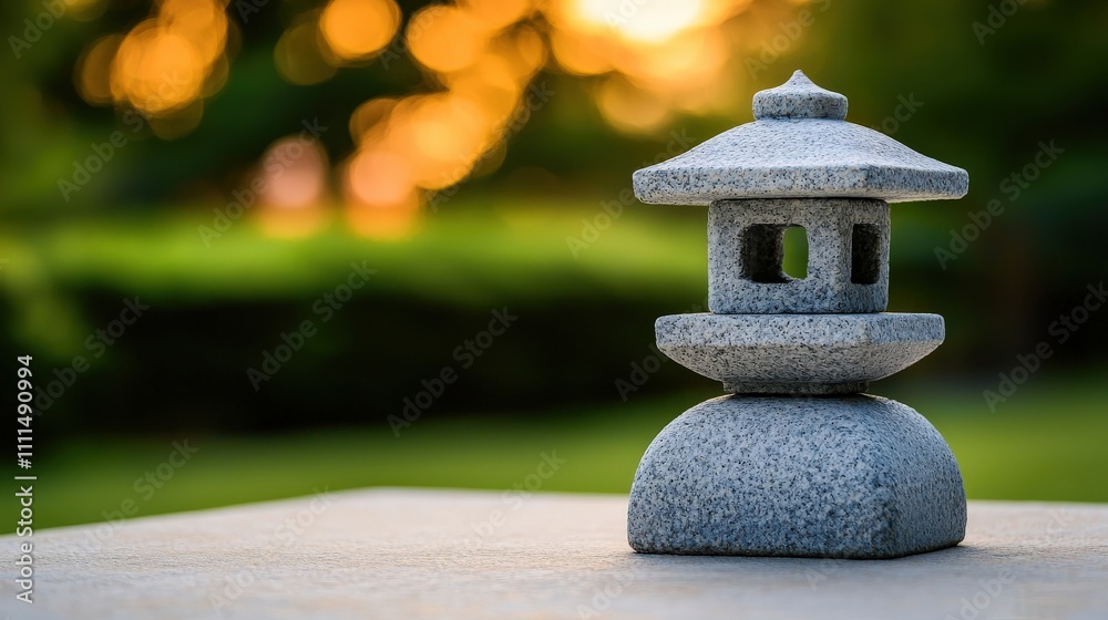 A stone lantern sits peacefully in a garden, illuminated by a warm sunset, creating a serene and tranquil atmosphere.