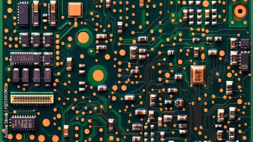 Detailed technology background featuring intricate printed circuit board patterns, complex connectivity, and high-resolution design for futuristic digital concepts and high-tech visual projects photo