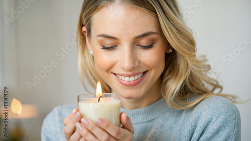 Female Hands Holding Burning Candle in Ceramic Jar