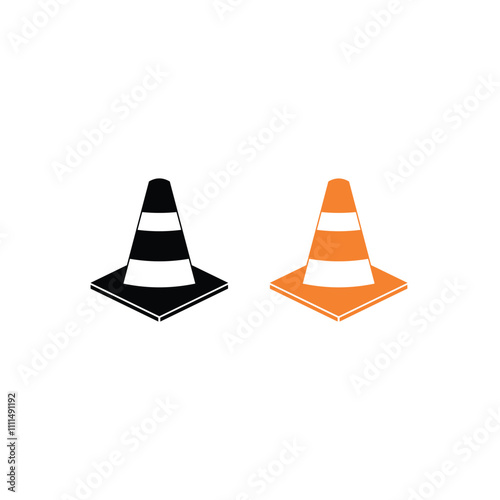 Traffic cone vector icon set. Orange plastic striped traffic cone icon in construction industrial, safety Equipment and Road token icon