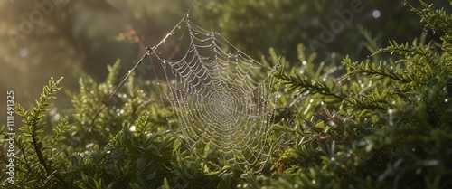 A sprinkling of dew-kissed droplets on the fine threads of a cobweb rests against lush heather foliage in morning light, cobwebs, nature photography, heather photo