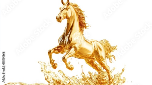 Golden horse leaping through liquid, isolated on white. photo