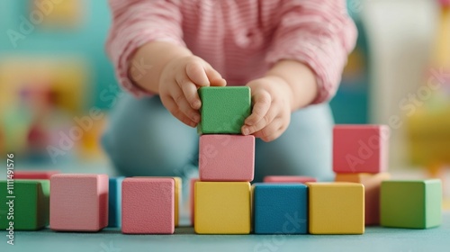 Wallpaper Mural A young child engaging in playful activities with vibrant blocks and toys representing the parental care and support that encourages their overall wellness and healthy development Torontodigital.ca