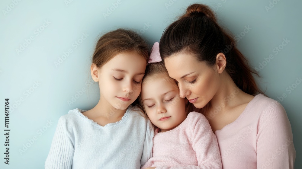 Caring mother tenderly embraces and supports her sick young daughter providing emotional comfort and physical care during a vulnerable moment of illness and dependence Caring mother tenderly embraces and supports her sick young daughter providing emotional comfort and physical care during a vulnerable moment of illness and dependence