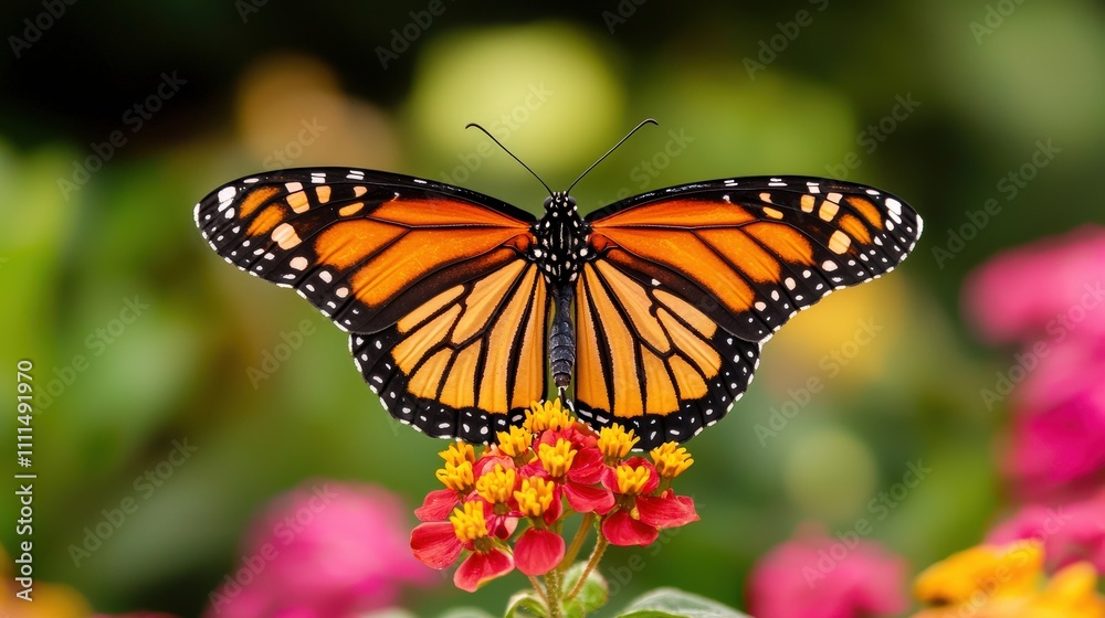 Obraz premium A vibrant monarch butterfly perched on colorful flowers in a lush garden, showcasing its striking orange and black wings.