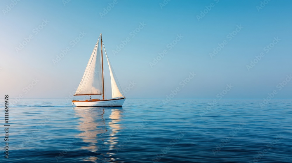 Fototapeta premium A lone sailboat glides across calm waters under a clear blue sky, reflecting serenity and adventure.