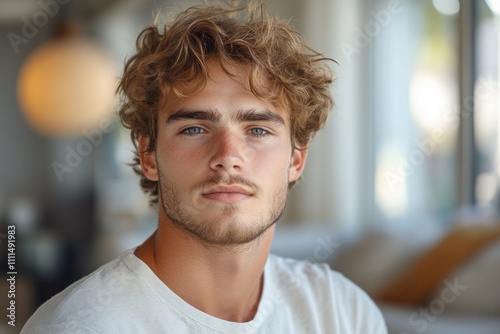 Young Man Skincare Portrait with Hand on Cheek, Beauty Close-up, Natural Light, Relaxed Expression, Minimalistic Indoor Setting