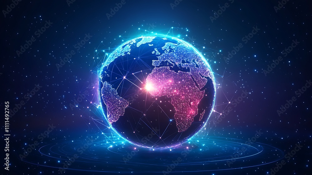 A holographic digital globe with laser-like light beams crisscrossing the Earth, connecting continents, vibrant neon accents, deep blue space-themed background, photorealistic quality, A holographic digital globe with laser-like light beams crisscrossing the Earth, connecting continents, vibrant neon accents, deep blue space-themed background, photorealistic quality,