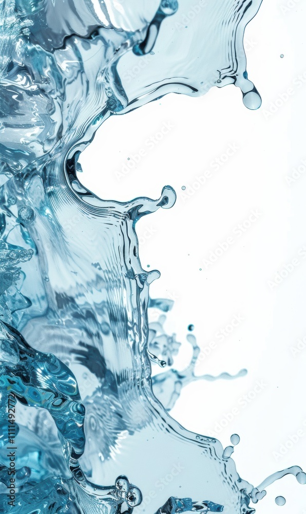 Reduced to clear, banner for website, copy space for text, a splash of water against a white background. The water appears to be in motion, with various shades of blue and clear areas Reduced to clear, banner for website, copy space for text, a splash of water against a white background. The water appears to be in motion, with various shades of blue and clear areas